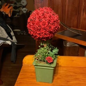 Red Floral Topiary in Green Pot